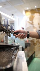 person barista using modern grinder machine to prepare coffee grounds in cafe features digital...