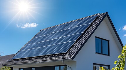 Solar panels gleaming under bright sunlight atop a modern eco-conscious energy-efficient home