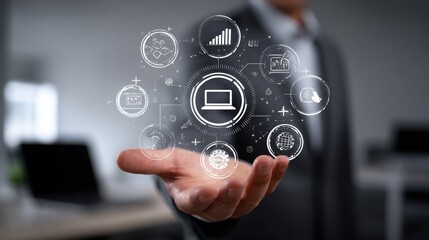 Futuristic Businessman Holding Digital Icons Representing Technology, Data, and Innovation in a Modern Office Environment