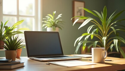 Working at Home on Laptop with Plants and Coffee on Desk