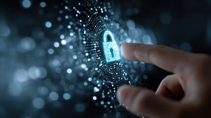 Digital security concept with a glowing padlock symbol representing protection of information and data, hand reaching toward a secure virtual interface