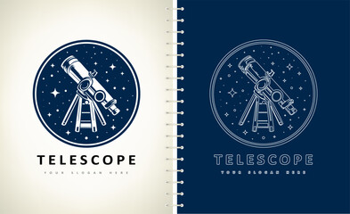 Telescope, night sky and stars logo vector. Astronomy design