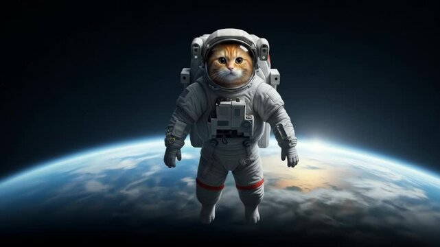 Cute Cat Wearing an Astronaut Suit Floating Above Earth
