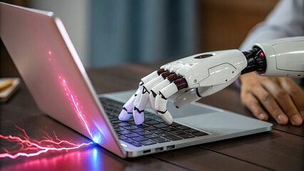 Advanced robot hand interacting with a laptop showcasing futuristic technology and artificial intelligence capabilities
