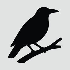Silhouette raven perched on branch black and white vector illustration