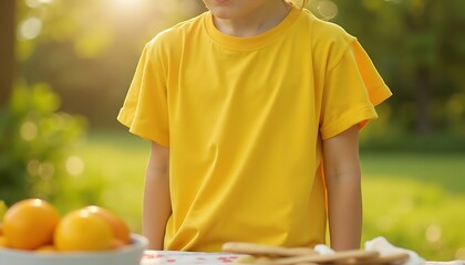 Child in Yellow Shirt Preparing Fruit on Table Outdoors