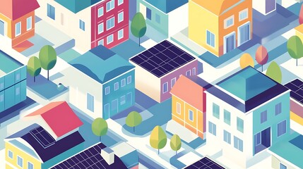 Solar panels installed across modern rooftops in a clean, eco-friendly urban neighborhood design