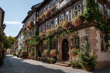 Historic Half-timbered House with Flower Boxes and Cobblestone Street