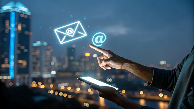 Person using smartphone at night with glowing email and at symbol icons representing digital communication