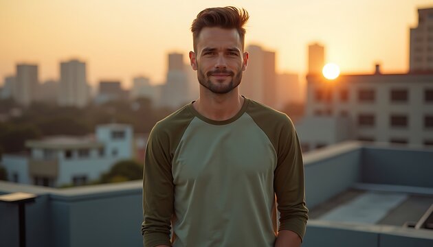 Man Standing on Rooftop at Sunset Overlooking City Skyline - Powered by Adobe