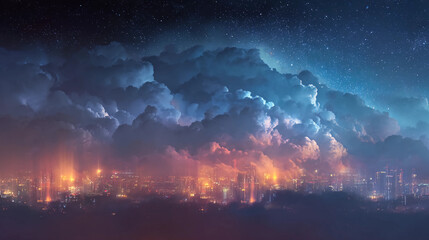 Skyline with cloud layer and glowing edges, vivid city background