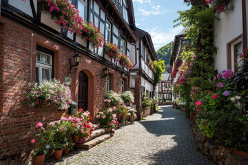 Naklejka premium Historic Half-timbered House with Flower Boxes and Cobblestone Street