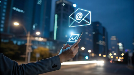 Digital communication concept person holding smartphone with email icon floating above cityscape at night