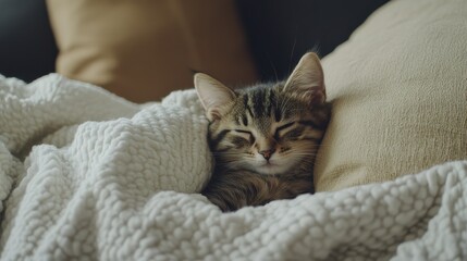 Adorable Kitten Napping Peacefully Under Cozy Blanket  Sweet Dreams, Feline Friend