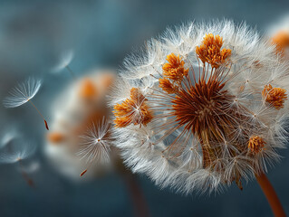 Dandelion seeds blowing in wind, soft light and shallow depth