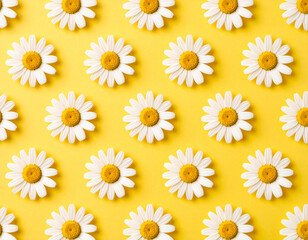 Seamless Pattern: Identical White Daisies with Yellow Centers on Yellow
