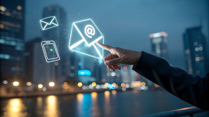 Hand interacting with glowing digital communication icons against a blurred city skyline at dusk