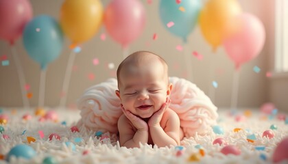 Smiling Baby Lying on Fluffy Blanket with Balloons