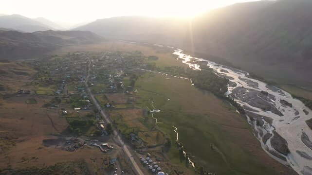 Aerial view of Saty village, Kazakhstan.
