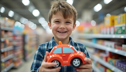 Smiling Boy Holding Toy Car Inside Supermarket