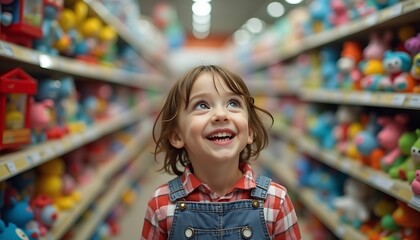 Smiling Child Looking Up in Store Aisle with Toys on Shelves