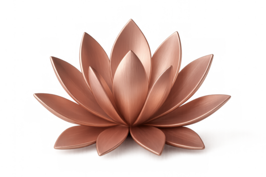 Rose gold lotus blossom, symbolizing spiritual awakening, purity, emerging from tranquil waters against transparent backdrop