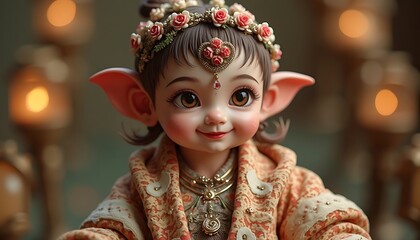 Smiling Fairy with Rose Crown and Elaborate Clothing Portrait