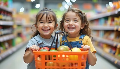 Smiling Girls Holding Shopping Basket with Produce in Supermarket