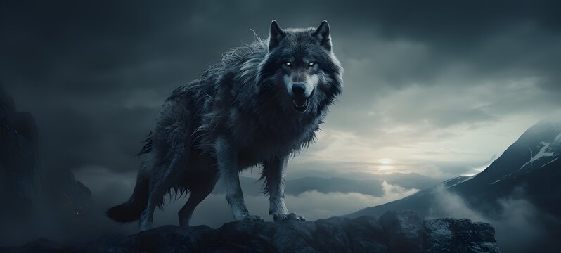 A haunted gothic wolf perched on a wind-swept hill,ai generative - Powered by Adobe
