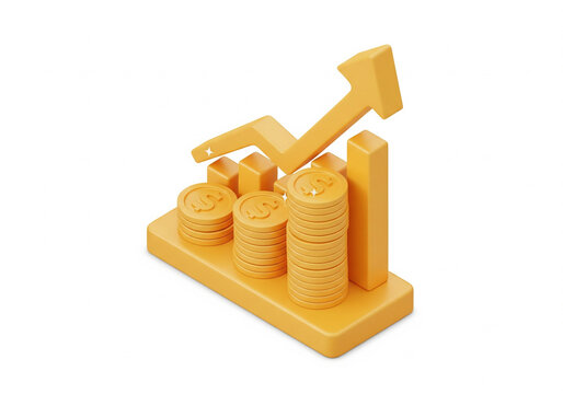 3d icon of upward graph with pound sign gold coins , financial growth concept, minimal 3d style, business colors in gold