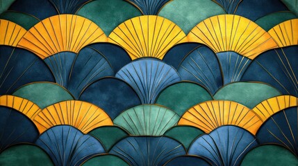 Teal, gold, blue art deco scales pattern, wall texture, background design