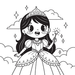 Adorable Princess Coloring Page Cute Cartoon Girl in a Gown with Magic Wand