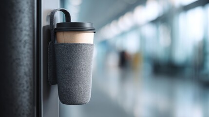 Eco-friendly travel mug in modern airport terminal setting