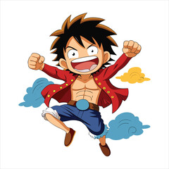 Cartoon illustration of a happy anime boy jumping with excitement, isolated on white background