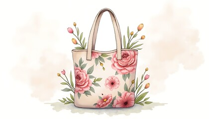 Tote Bag with Floral Pattern Illustration on a Light Background