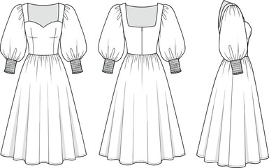 Fashion design technical drawing of puff sleeve midi dress with square neckline, shirred cuffs, flared skirt, sewing pattern sketch