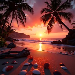 Tropical Beach at Vibrant Sunset with Palm Trees and Seashells