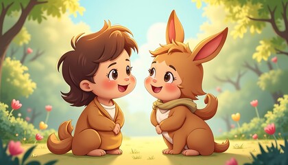 Two Cute Children Dressed As Animals Chatting in a Sunny Meadow