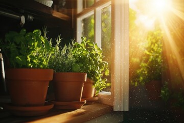 Fototapeta premium Vibrant fresh herbs in terracotta pots indoor garden closeup photography brightly lit environment warm sunlight concept