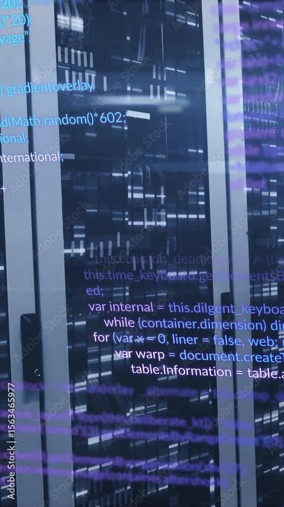 Poster animation of data processing against mosaic squares over computer server room