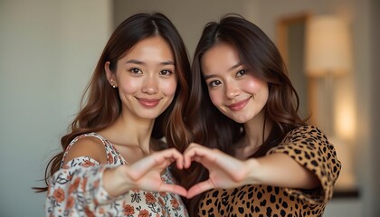 Two Women Making Heart Shape with Hands Smiling