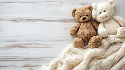 Knitted teddy bears blanket wood background baby announcement