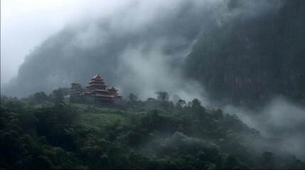 Misty mountain temple landscape photography scenic view of asian architecture in the clouds and fog
