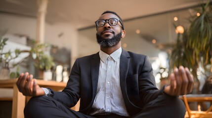Businessman meditating office stress relief mindfulness zen calm peaceful corporate wellness relaxation time