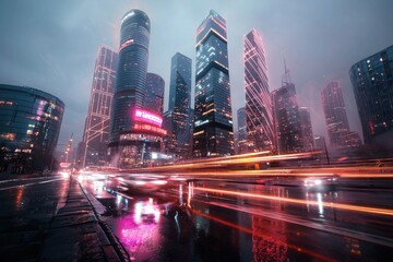 Obraz premium Futuristic city skyline at night urban landscape high-tech architecture rainy environment dynamic viewpoint illuminated skyscrapers