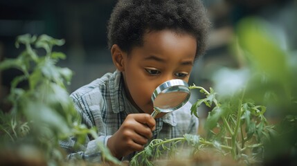 Little boy explores plants with magnifying glass learning science and nature in the garden outside