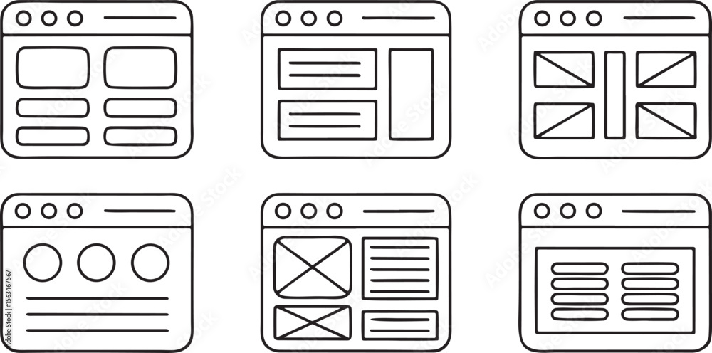 Poster ux ui wireframe icon set, layout grid, button, dropdown, sidebar, navigation bar, input field, edita
