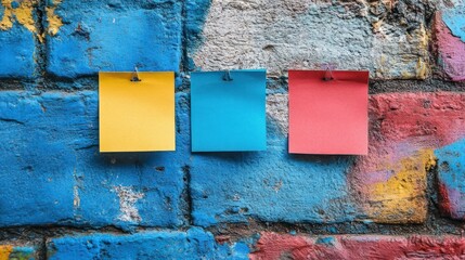 Colorful sticky notes on graffiti-covered brick wall.  Possible use Social media post