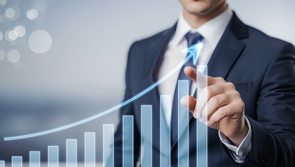 Business development to success and growing financial growth concept, Businessman pointing arrow graph corporate future growth plan