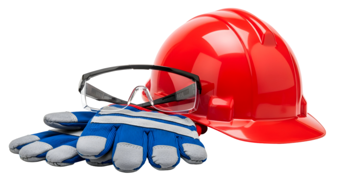 Still life of a red hard hat safety glasses and blue and white work gloves on a black background
